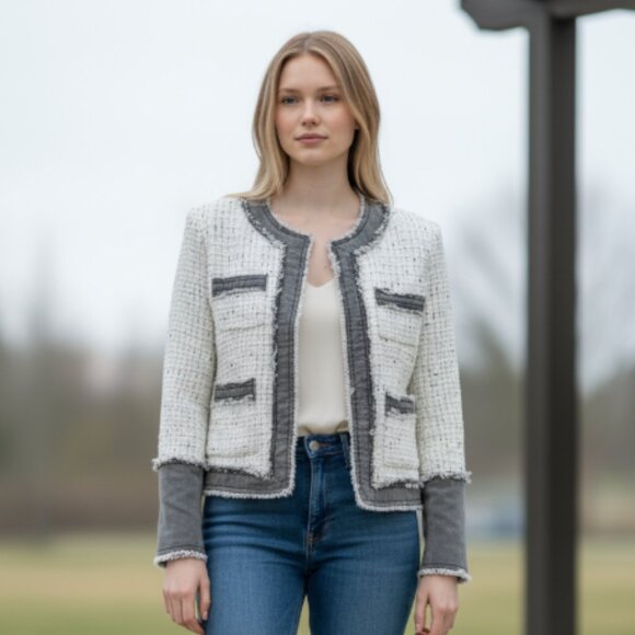 NWT NANETTE LEPORE Sequin Tweed Fringe Denim Jacket Trim Open Front Blazer - Picture 1 of 14